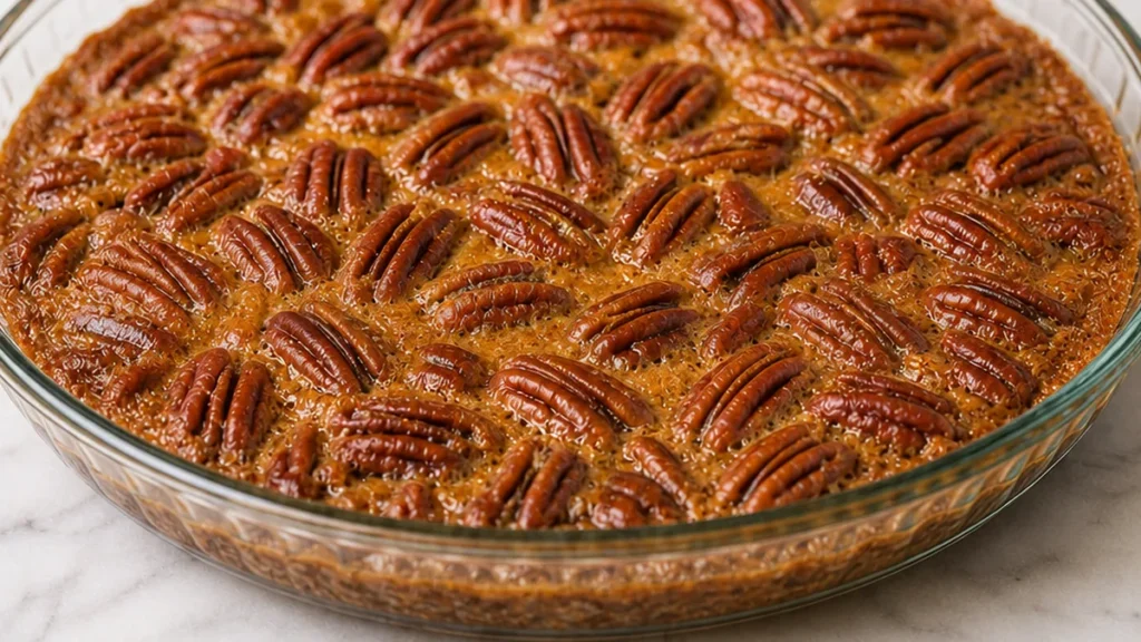Pecan Pie Bliss: No Crust Needed! Discover the ultimate crustless pecan pie! Easy recipe for a gooey, nutty dessert ready in under an hour. Perfect for any occa