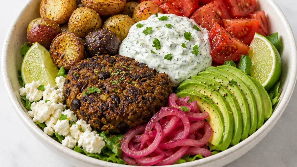 Tzatziki Black Bean Burger Bowl - Tzatziki black bean burger bowl: savor this wholesome meal with roasted veggies and creamy tzatziki. Perfect for lunch or dinn