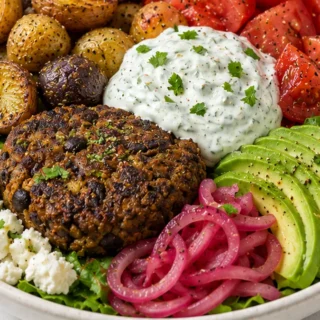 Tzatziki Black Bean Burger Bowl - Tzatziki black bean burger bowl: savor this wholesome meal with roasted veggies and creamy tzatziki. Perfect for lunch or dinn