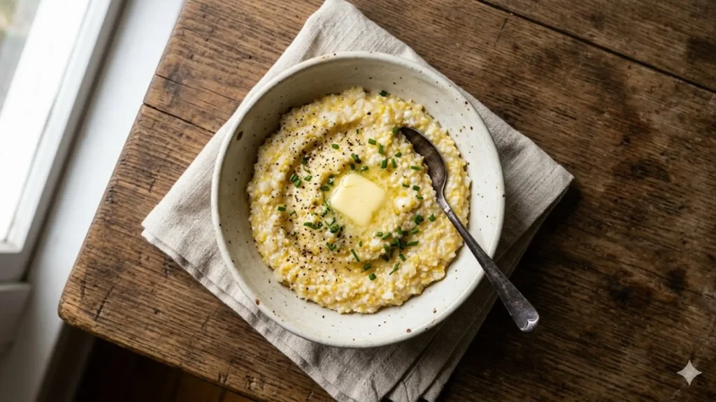 Grits gluten free, beautifully styled overhead food photograph