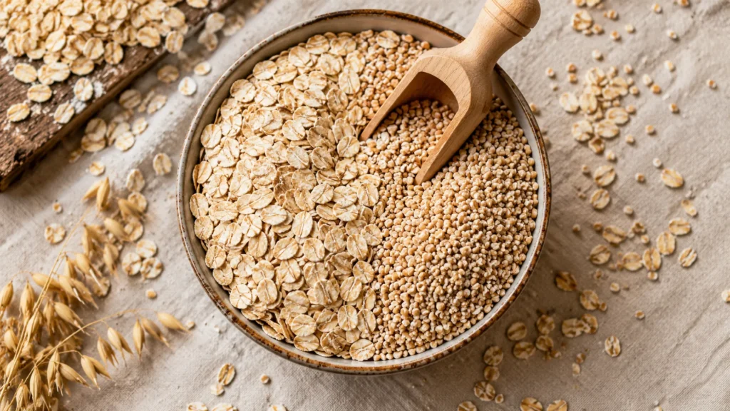 Overhead of rolled and steel-cut oats in a bowl with a wooden scoop and scattered raw grains, the naturally gluten free oats