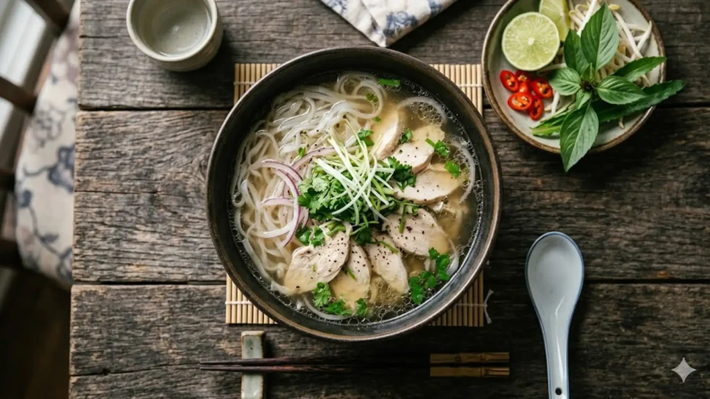 Pho noodles gluten free, beautifully styled overhead food photograph