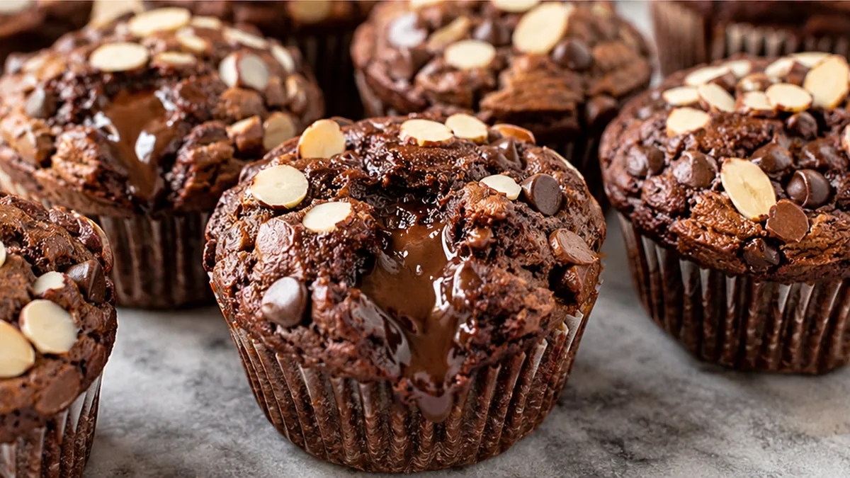 Gooey Chocolate Almond Muffins - chocolate muffins - Chocolate muffins: bake these incredibly moist and fudgy almond butter muffins. Gluten-free and packed with