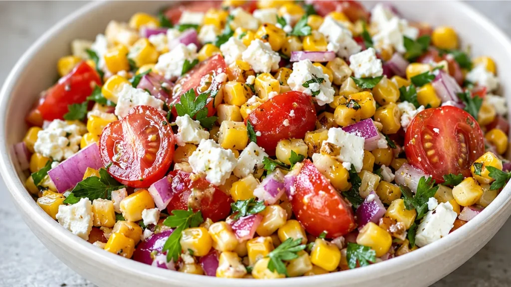 Zesty Feta Corn Salad: Summer Refreshment! Corn salad: whip up this vibrant and refreshing summer side dish in minutes. Sweet corn, feta, and a zesty dressing m