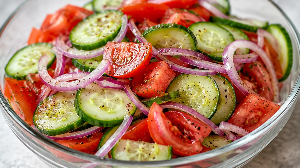 CRISP & ZINGY Cucumber Tomato Salad! So Fresh! Cucumber tomato salad: whip up this refreshing side dish with a tangy marinade. Perfect for summer gatherings, in