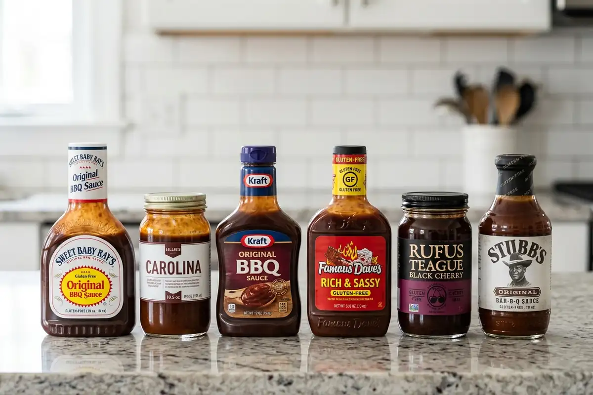 Bottles of commercial gluten free bbq sauce brands lined up on a counter