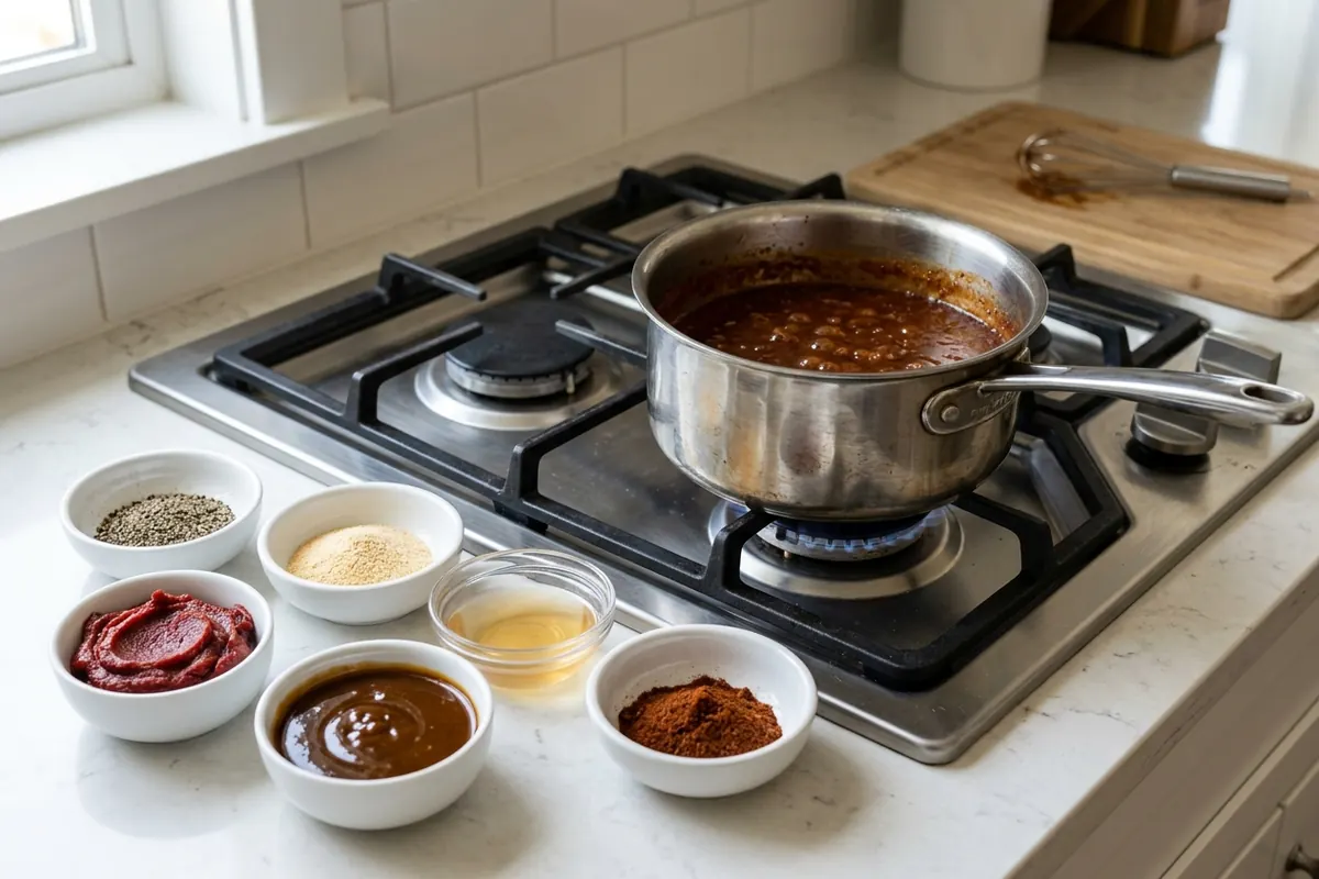 Ingredients for a five-minute homemade gluten free bbq sauce around a saucepan