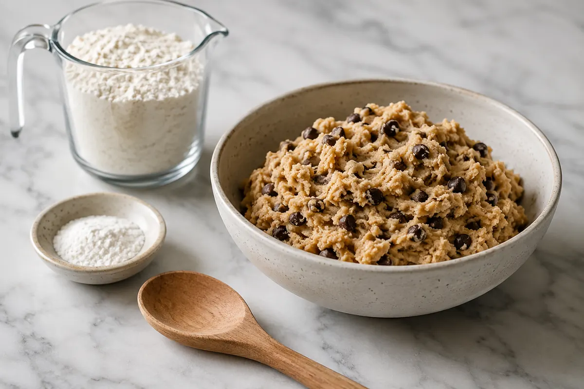 A bowl of gluten free cookie dough beside a flour blend and xanthan gum