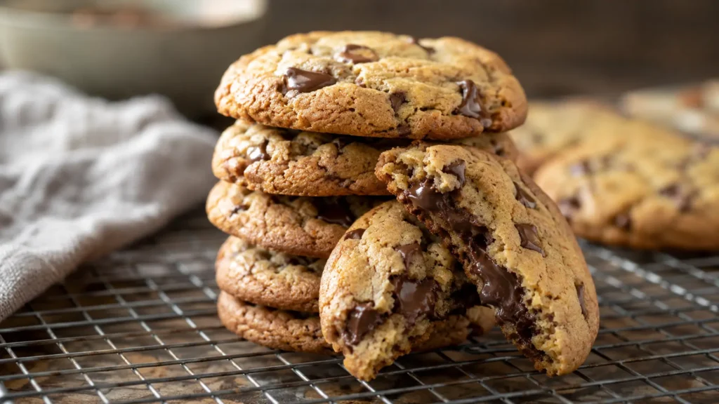 A stack of gluten free chocolate chip cookies on a cooling rack with one broken open