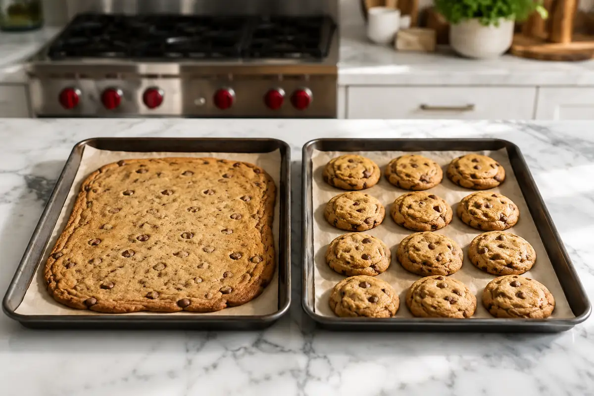Two trays comparing overspread gluten free cookies with well shaped ones
