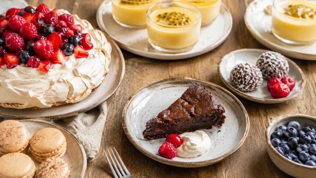 A table of gluten free desserts including flourless chocolate cake, pavlova, and custard cups