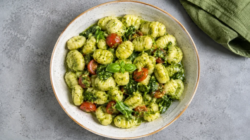 Gluten free gnocchi, beautifully styled overhead food photograph