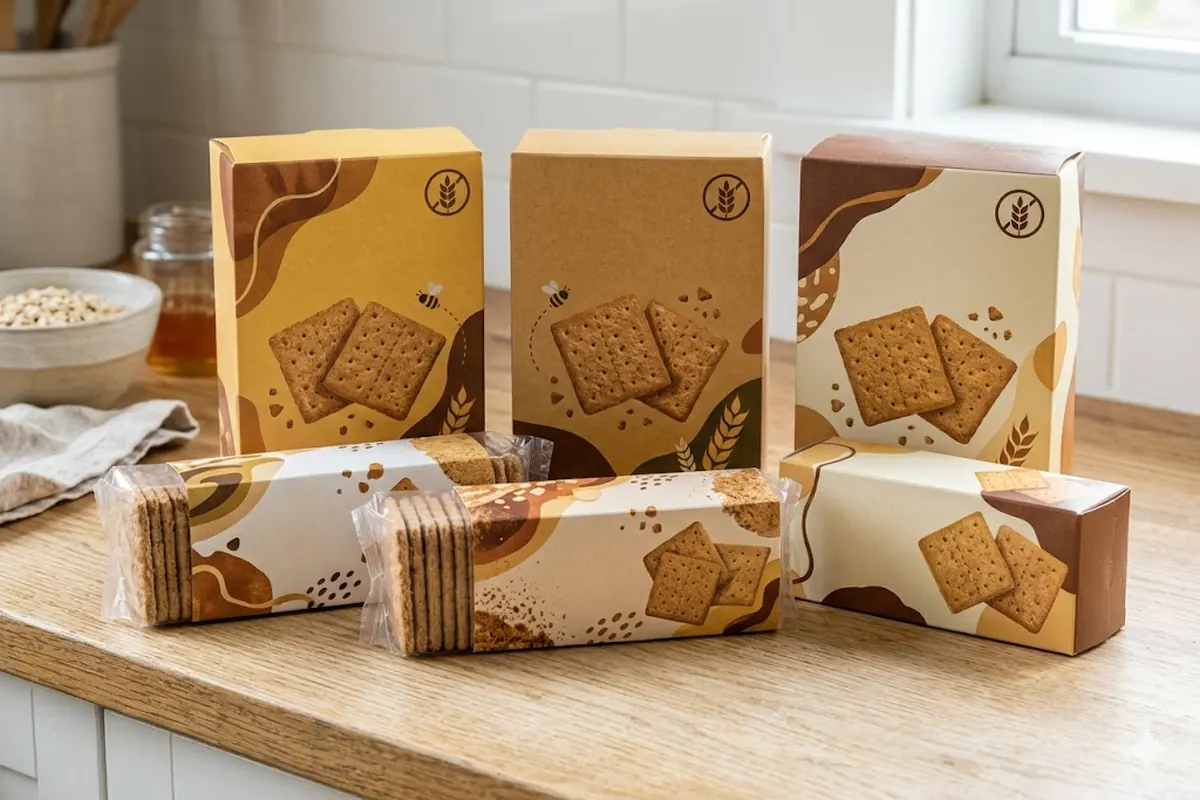 Boxes of the best gluten free graham cracker brands arranged on a counter