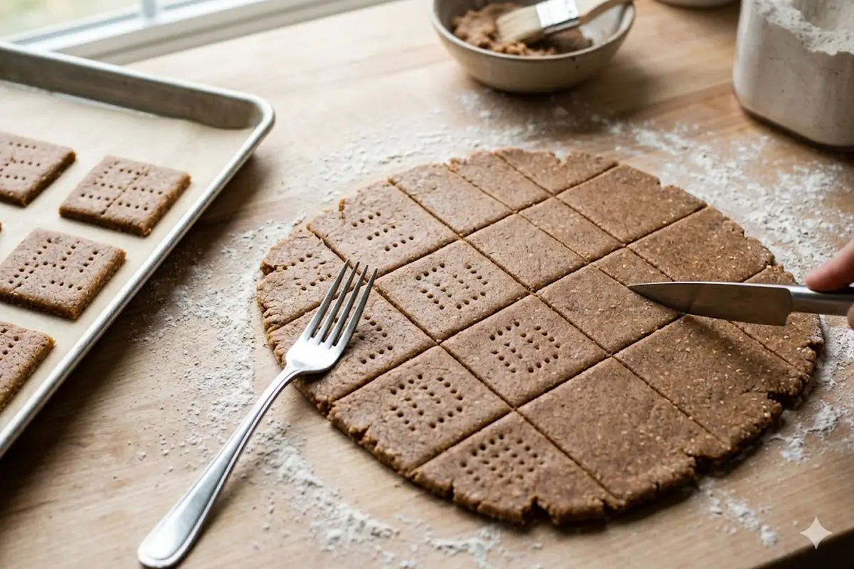 Gluten free graham cracker dough rolled and scored into squares before baking
