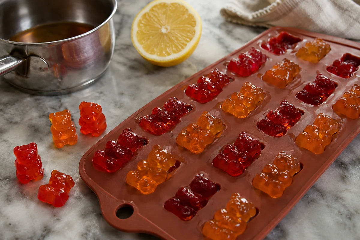 Homemade Gummy Bears Homemade fruit gummy bears setting in a silicone bear mold on a counter