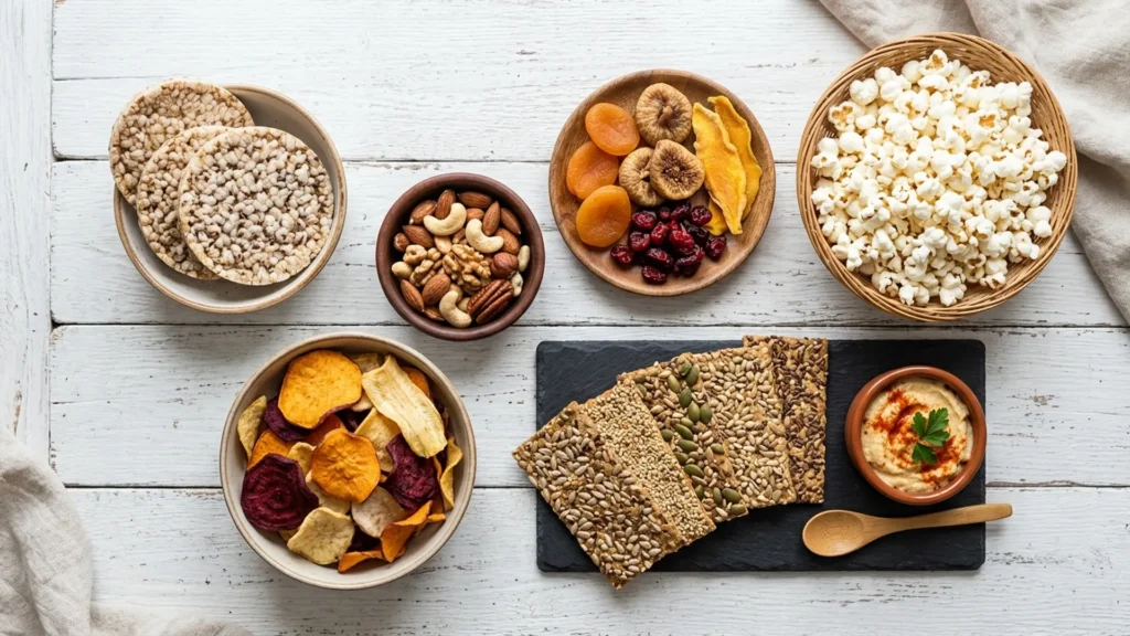 Gluten free snacks, beautifully styled overhead food photograph