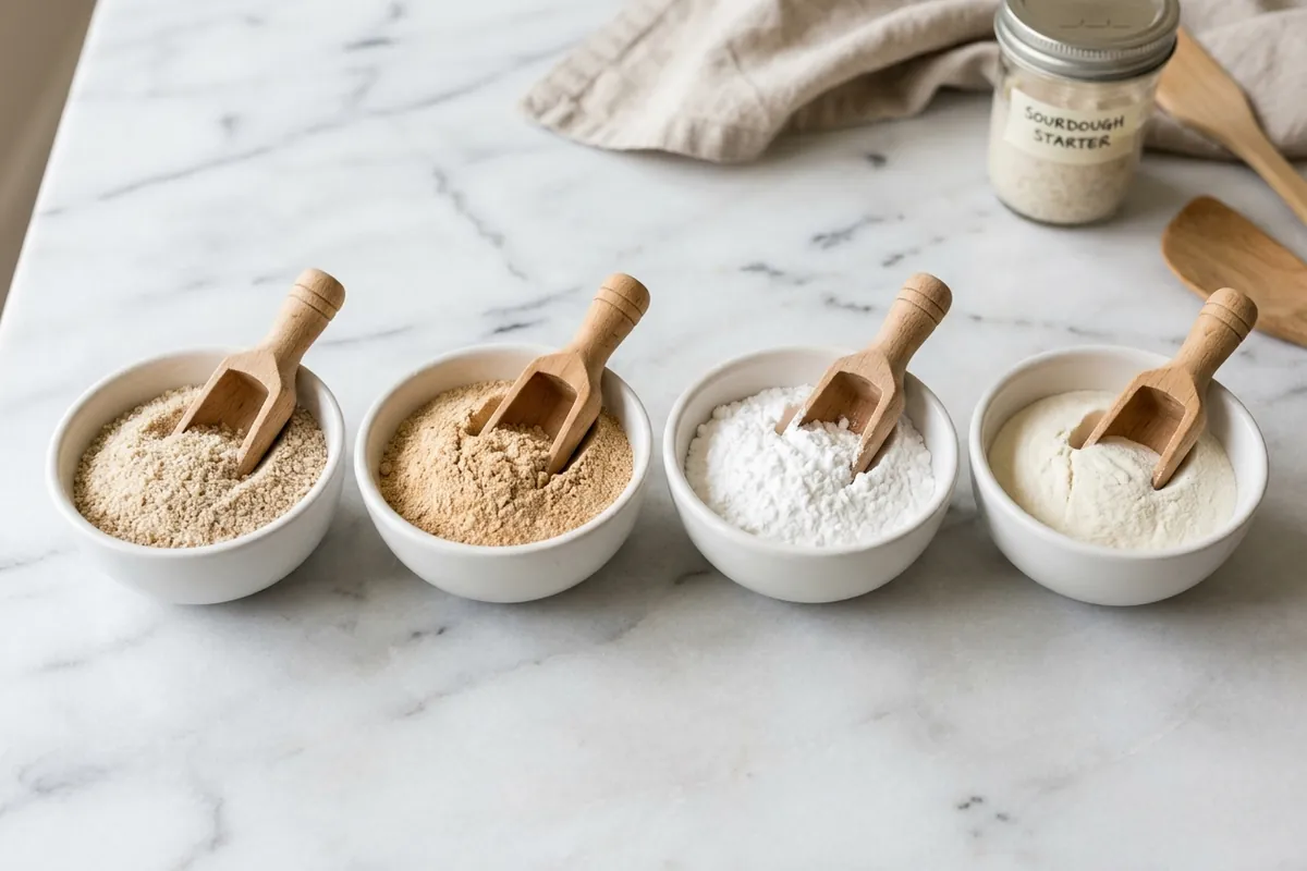 Bowls of brown rice, sorghum, tapioca and potato starch for a gluten free sourdough flour blend