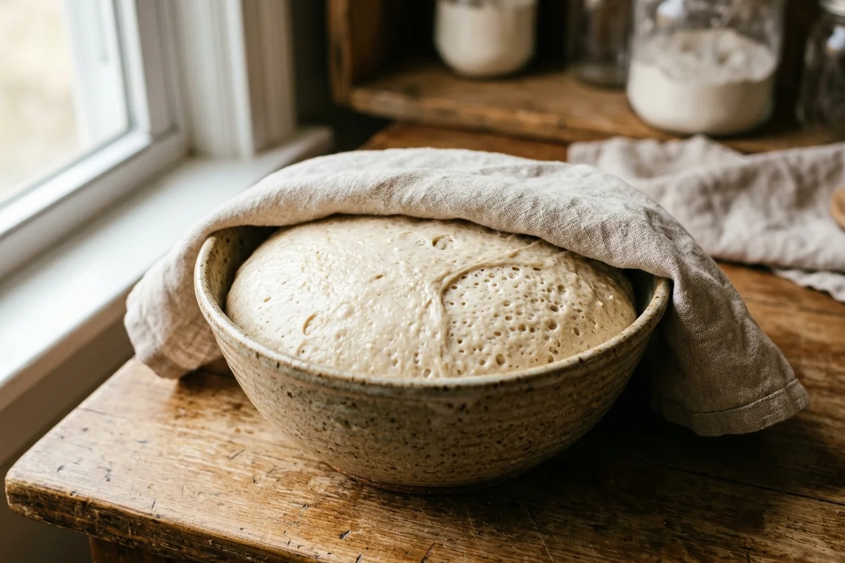 Risen domed gluten free sourdough dough proofing under a cloth in a warm kitchen