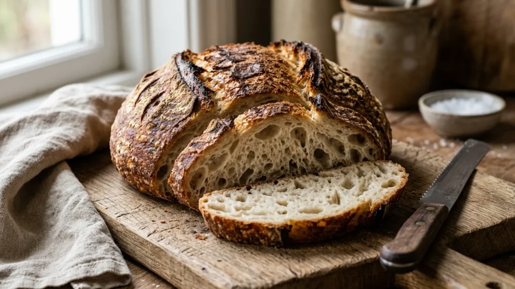 Sliced gluten free sourdough bread loaf with a chewy open crumb and golden crust