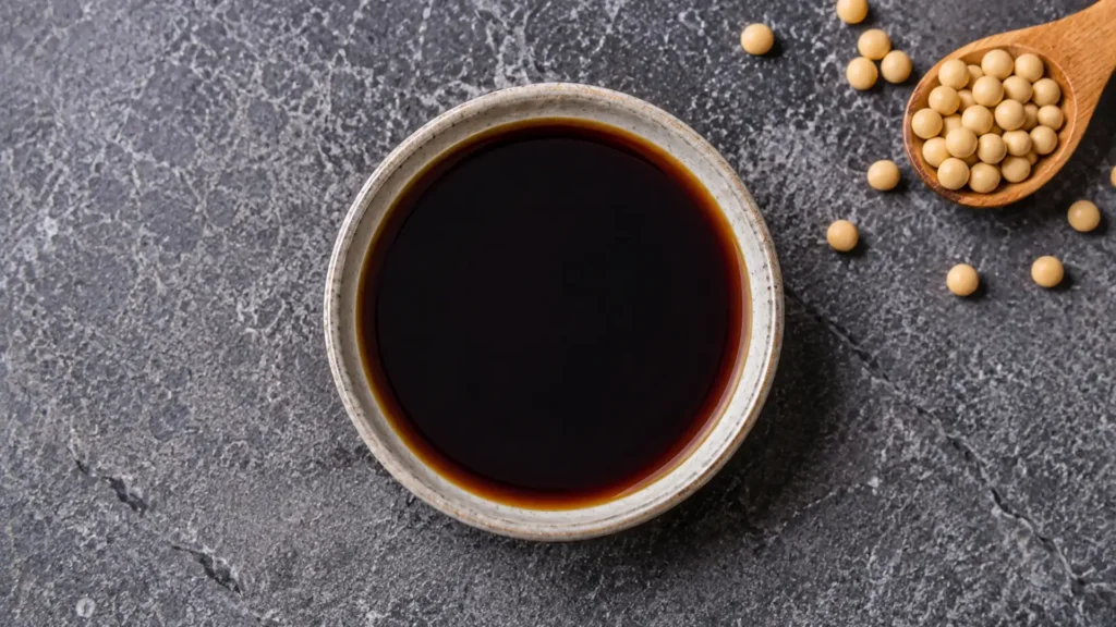 Gluten free soy sauce, beautifully styled overhead food photograph