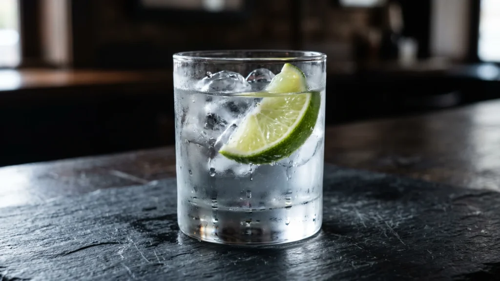Frosted glass of clear gluten free vodka over ice with a lime wedge