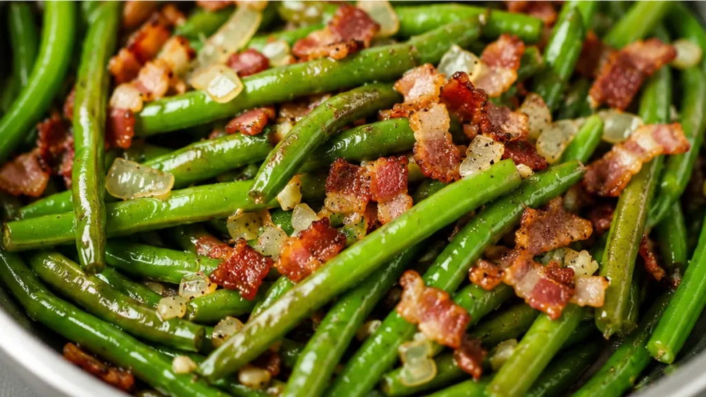 " Crispy Bacon Green Beans: Easy Side Dish! " - Green beans: master this quick and flavorful side dish with crispy bacon and sweet caramelized onions. Perfect f