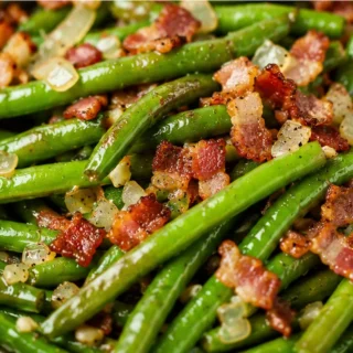 " Crispy Bacon Green Beans: Easy Side Dish! " - Green beans: master this quick and flavorful side dish with crispy bacon and sweet caramelized onions. Perfect f