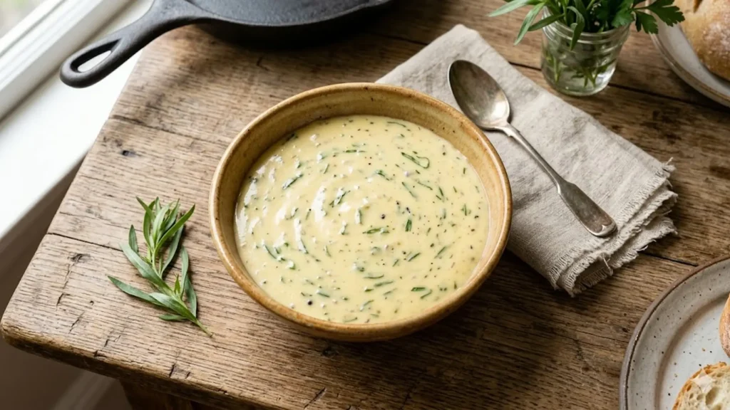 Bearnaise sauce gluten free, beautifully styled overhead food photograph