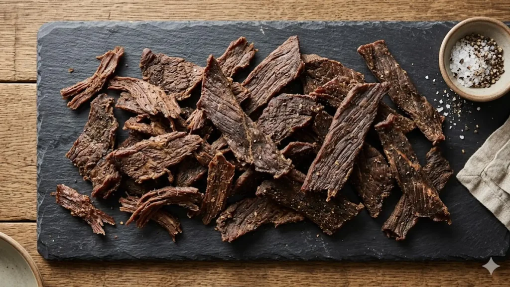 Beef jerky gluten free, beautifully styled overhead food photograph