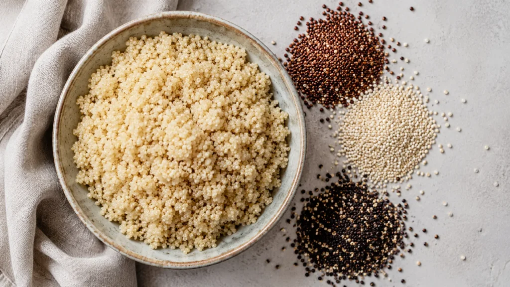 Overhead of fluffy cooked quinoa in a bowl beside raw red, white and black seeds, showing quinoa is naturally gluten free