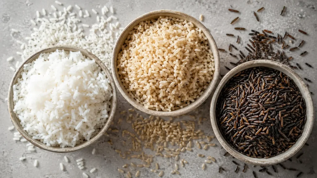 Overhead of three bowls of cooked rice, white, brown and wild, with raw grains, showing rice is naturally gluten free