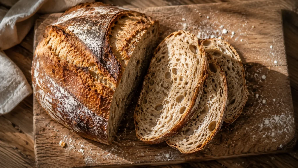 Overhead of a sliced rustic wheat sourdough loaf on a wooden board with an open crumb, the bread that is not gluten free