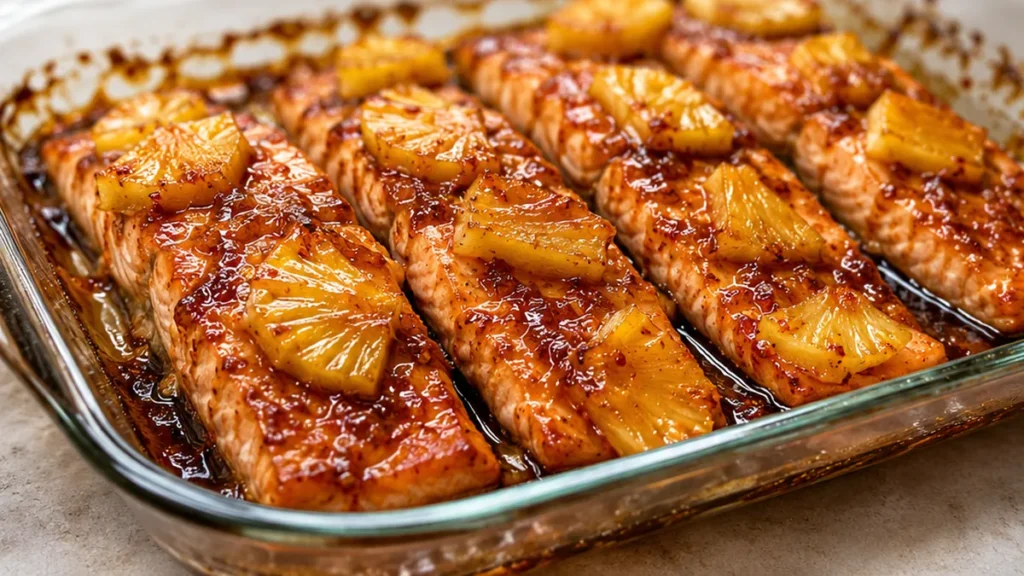 Sweet & Spicy Pineapple Salmon Bake! Pineapple salmon: master this sweet and spicy glazed salmon with caramelized pineapple slices. A quick, healthy, and delici