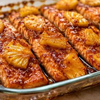 Sweet & Spicy Pineapple Salmon Bake! Pineapple salmon: master this sweet and spicy glazed salmon with caramelized pineapple slices. A quick, healthy, and delici