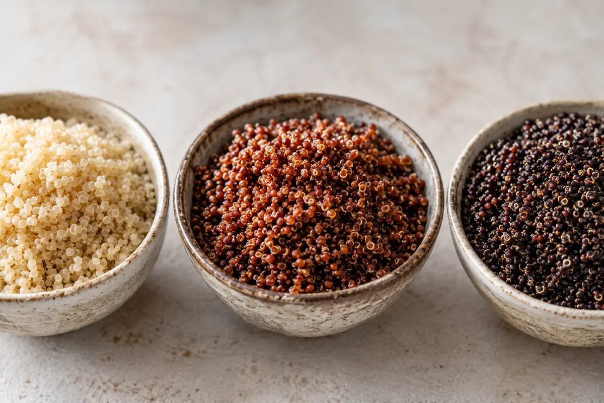 Detail of three cooked gluten free quinoa types side by side, pale white, earthy red and firm black, in small white bowls