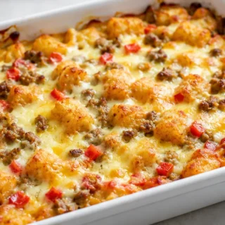 Crispy Tater Tot Breakfast Casserole - tater tot casserole - Tater tot casserole: bake this amazing breakfast dish with crispy tots, sausage, and cheese. Perfec