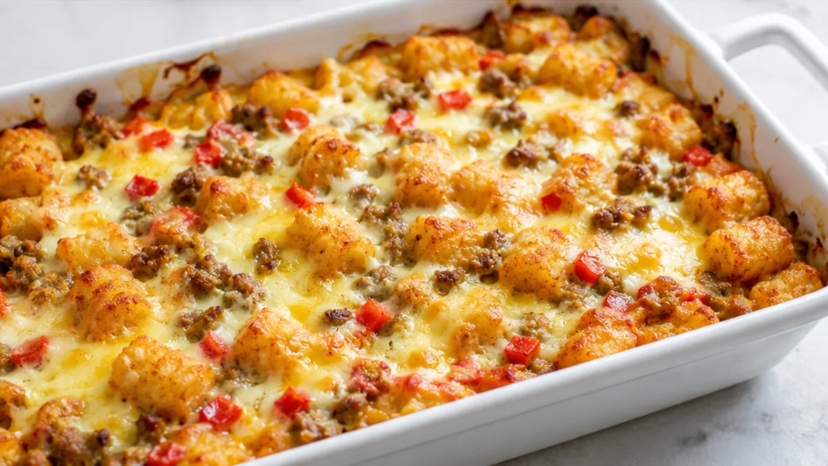 Crispy Tater Tot Breakfast Casserole - tater tot casserole - Tater tot casserole: bake this amazing breakfast dish with crispy tots, sausage, and cheese. Perfec