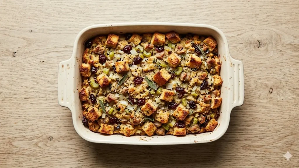 Trader joes gluten free stuffing, beautifully styled overhead food photograph
