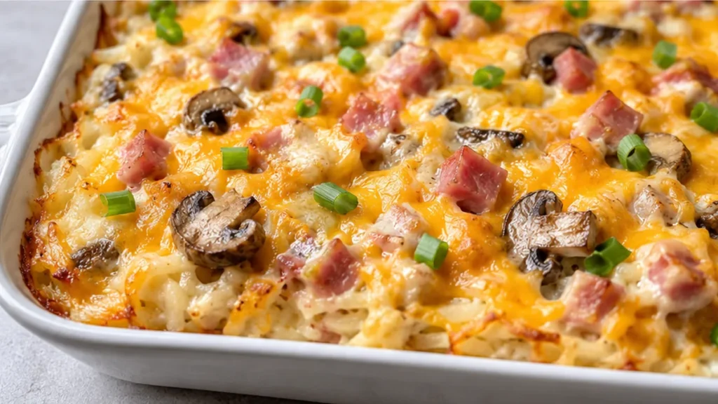 Cheesy Ham & Hash Brown Casserole - Hash Brown Casserole: Bake this incredibly cheesy and savory ham and hash brown casserole. Perfect for a hearty breakfast or