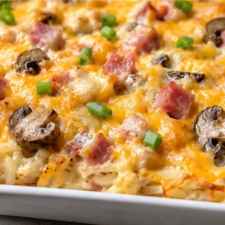 Cheesy Ham & Hash Brown Casserole - Hash Brown Casserole: Bake this incredibly cheesy and savory ham and hash brown casserole. Perfect for a hearty breakfast or