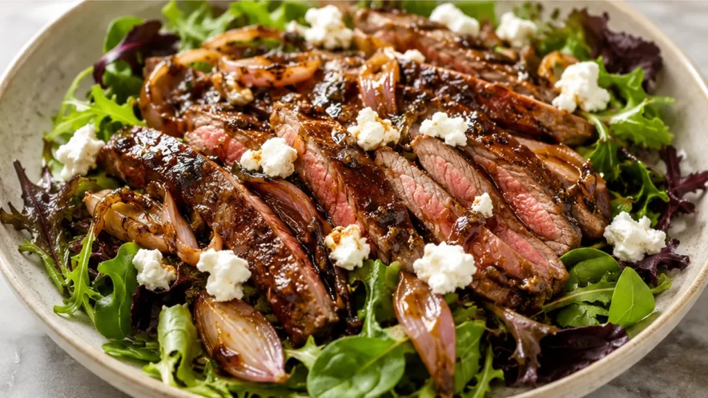 Sizzle & Crunch Steak Salad - Steak salad: master this flavorful recipe featuring juicy strip steak, crispy shallots, and a tangy maple balsamic vinaigrette. Id